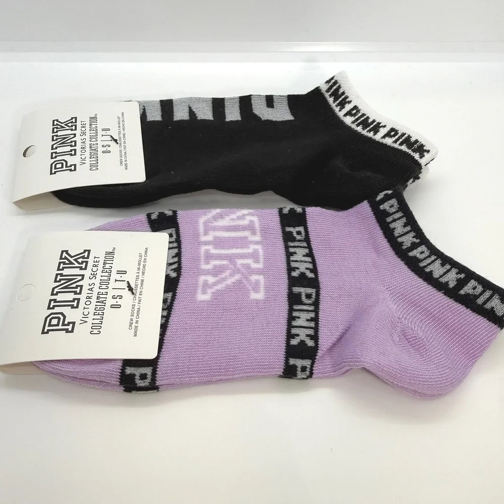 Victoria's Secret PINK Collegiate Collection Socks 2-Pack Purple & Black No Show